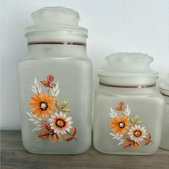 Vintage Retro Rare Anchor Hocking Frosted Glass Canister Floral Set